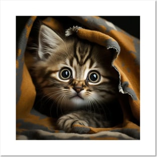 Cute Kitty Hiding Under A Blanket Posters and Art